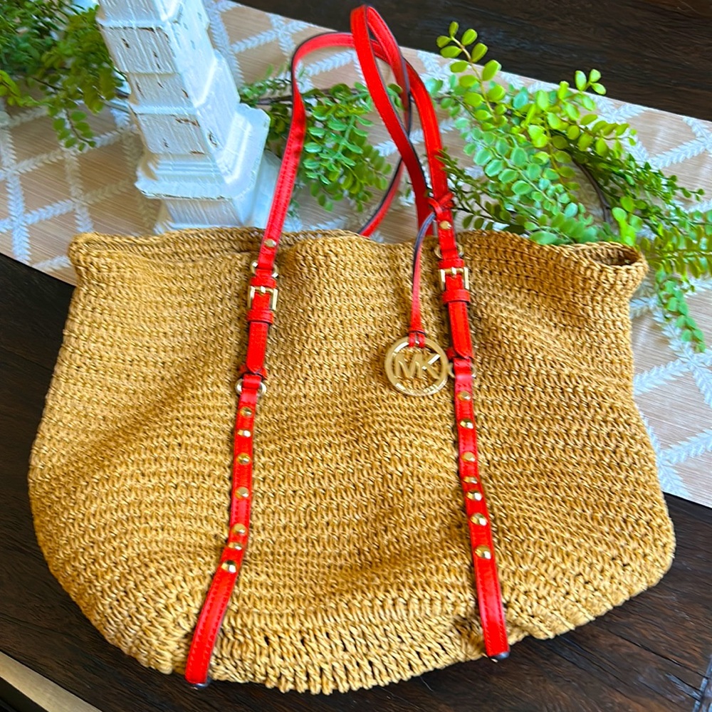 Michael Kors Straw Handbag with Orange Leather Straps/Gold Hardware Studs